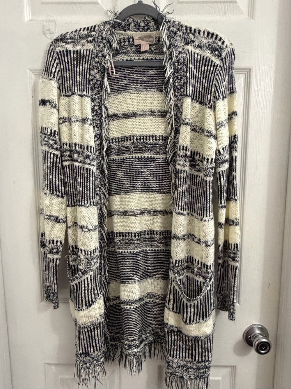 Forever 21 Black & Cream Striped Fringe Open-Front Cardigan. Size small. $10